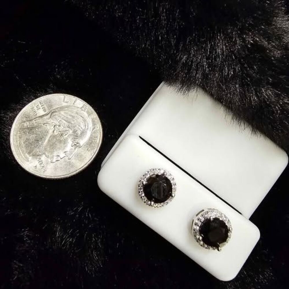 Black Moissanite Halo Style Solitaire Earrings set in .925 Sterling Silver.